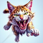 A dynamic and energetic image of a realistic aggressive biting cat in bright vibrant colors, l...jpg